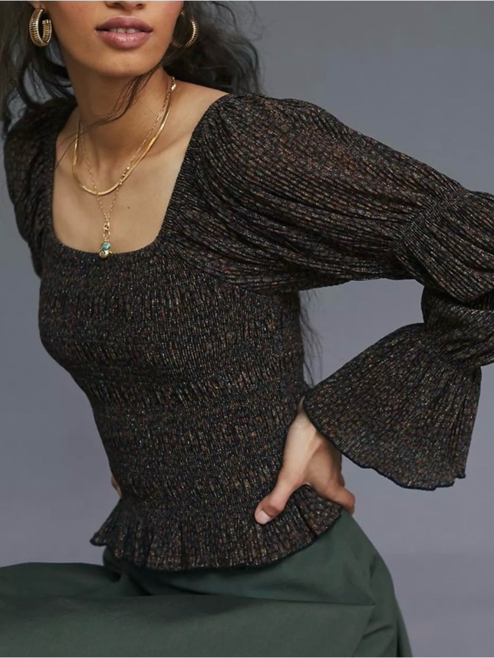Anthropologie Shimmery Square-Neck Top with Puff Sleeves